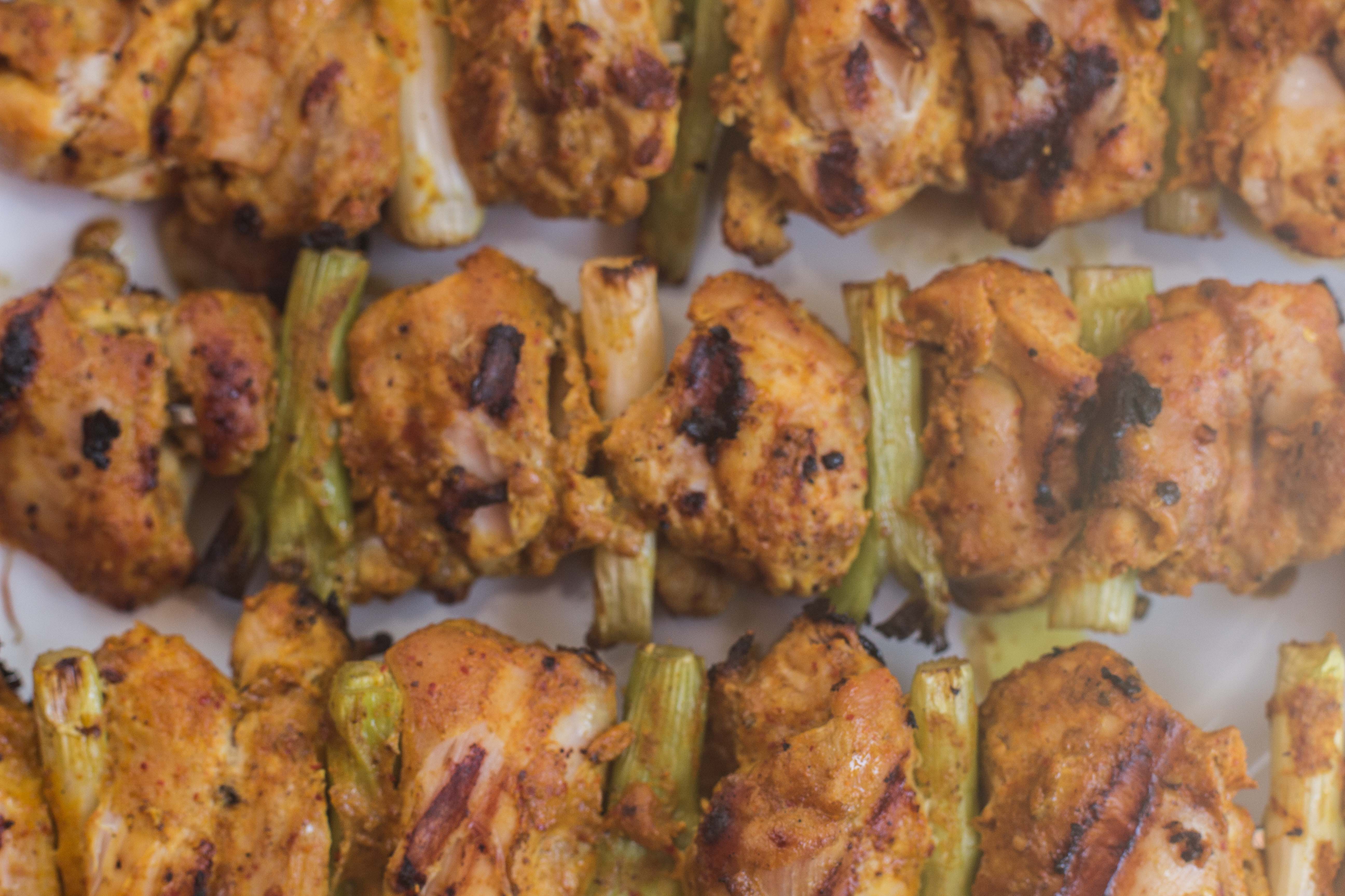 Rows of Spicy Chicken Kebabs_Close