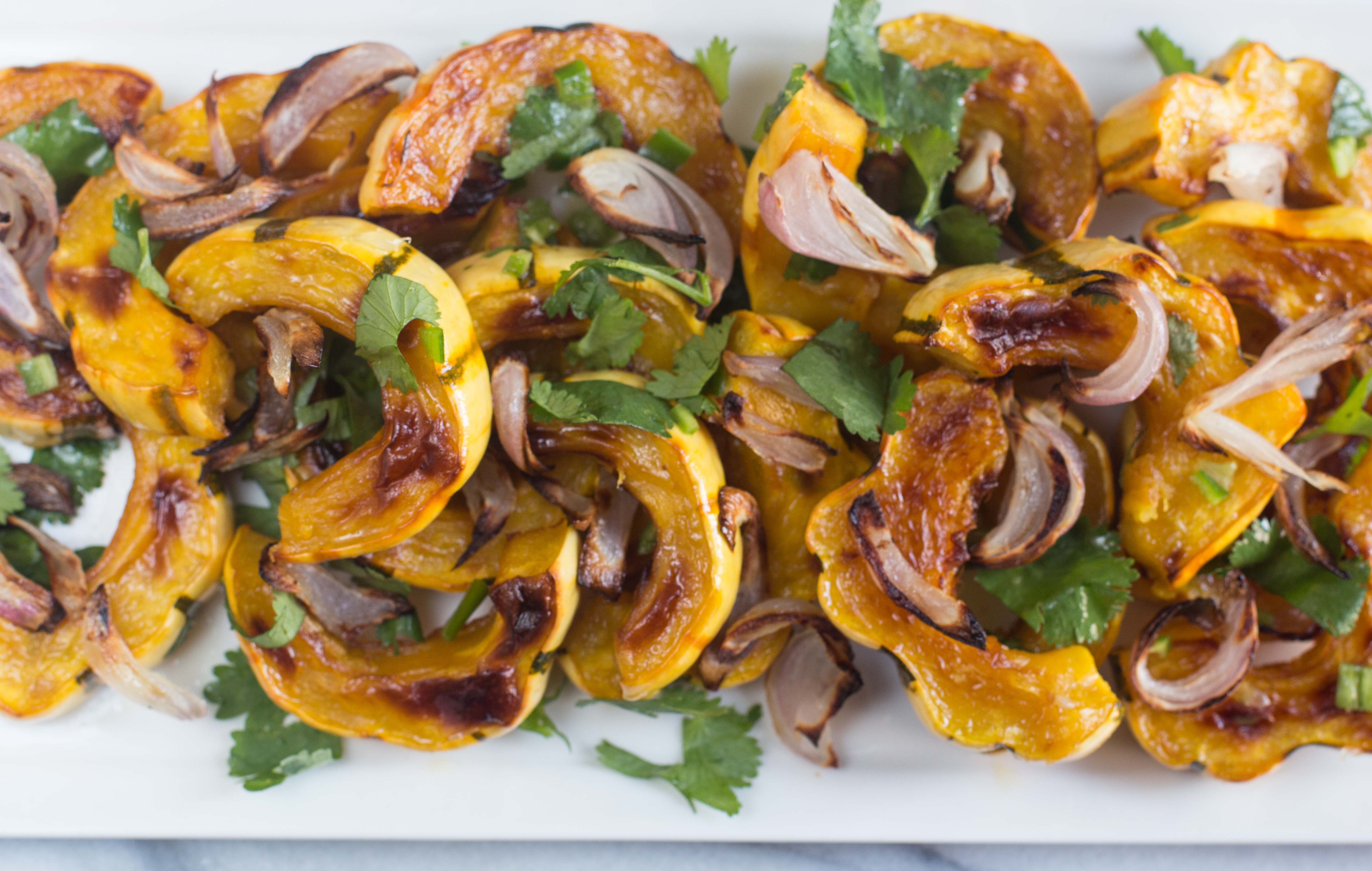 Roasted Delicata Squash with Shallots in Chile-Lime Cilantro Dressing