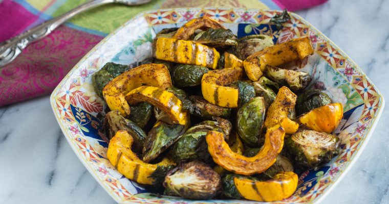 Chile Roasted Brussels Sprouts and Delicata Squash