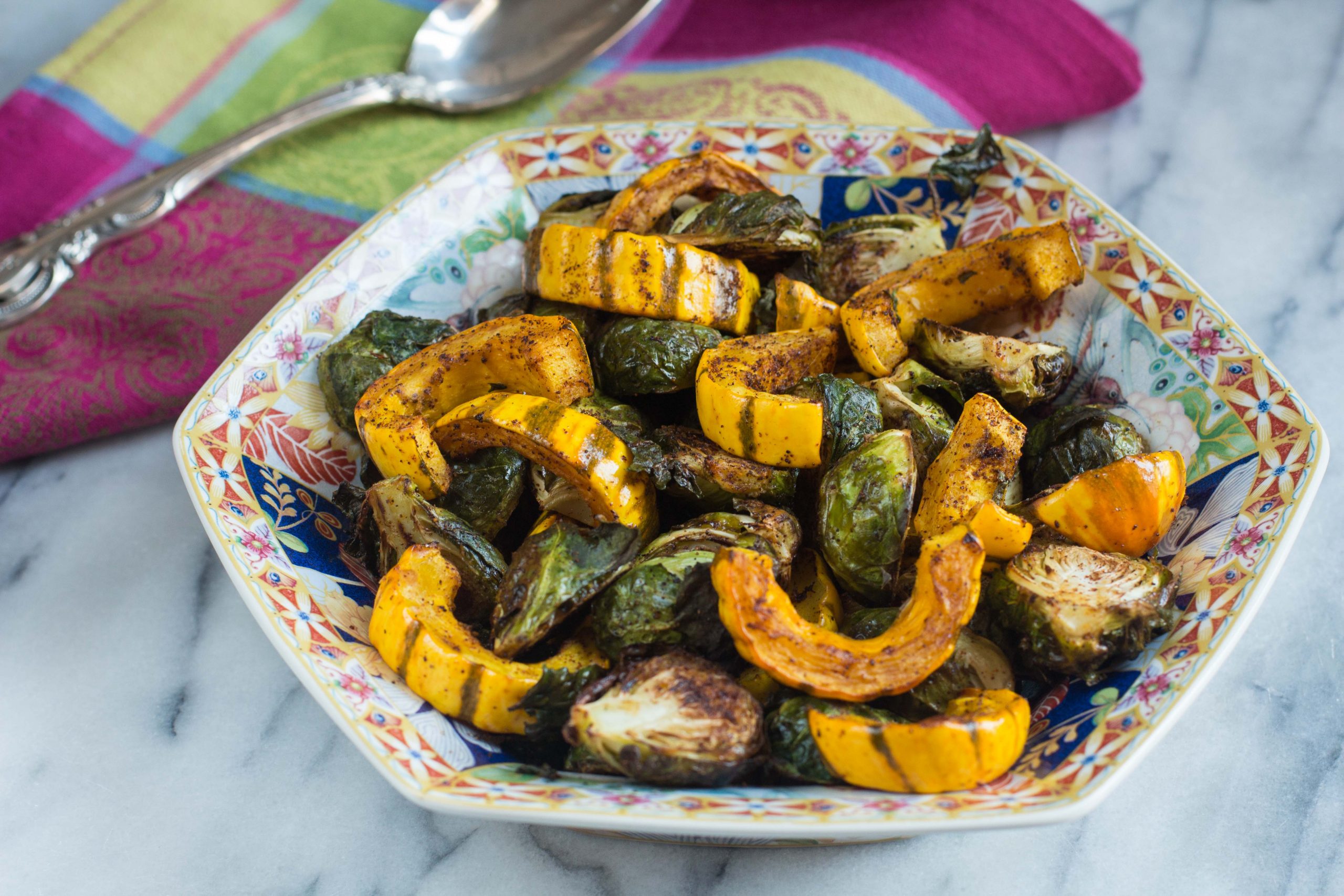 Chile Roasted Brussels Sprouts and Delicata Squash