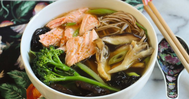 Soba Noodle Soup with Salmon and Broccoli