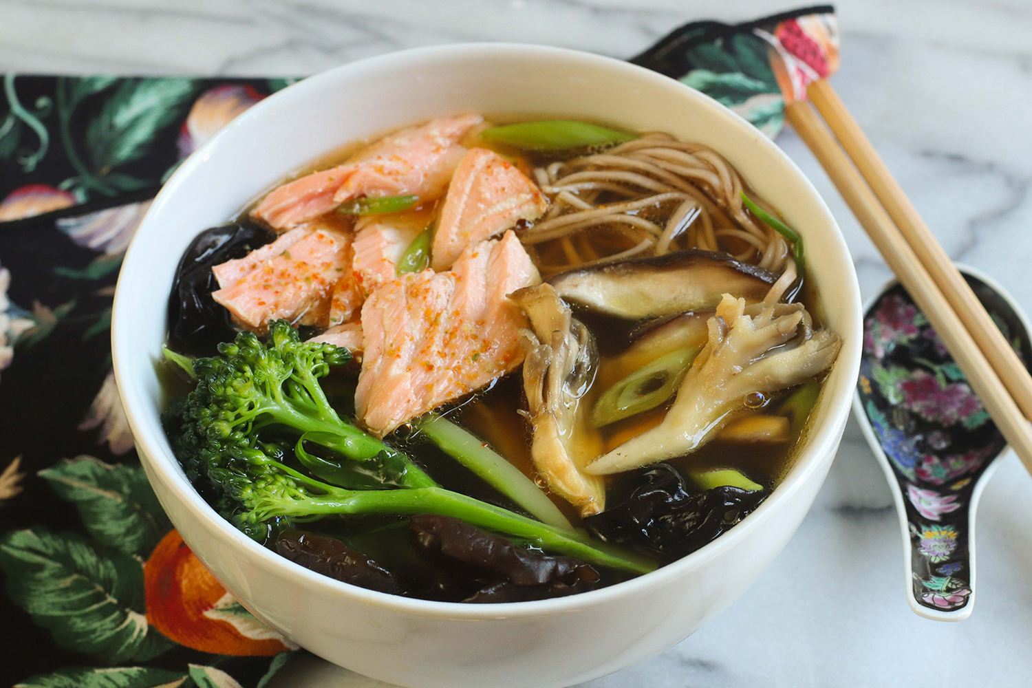 Soba Noodle Soup with Salmon and Broccoli